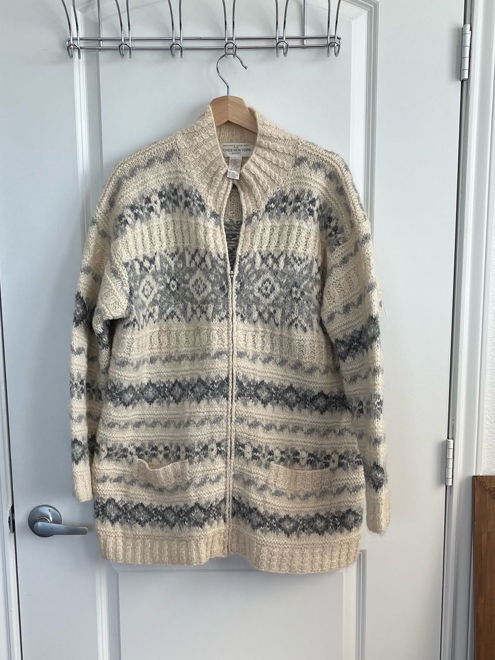 Cream and Gray Zip-Front Fair Isle Sweater, Size LARGE